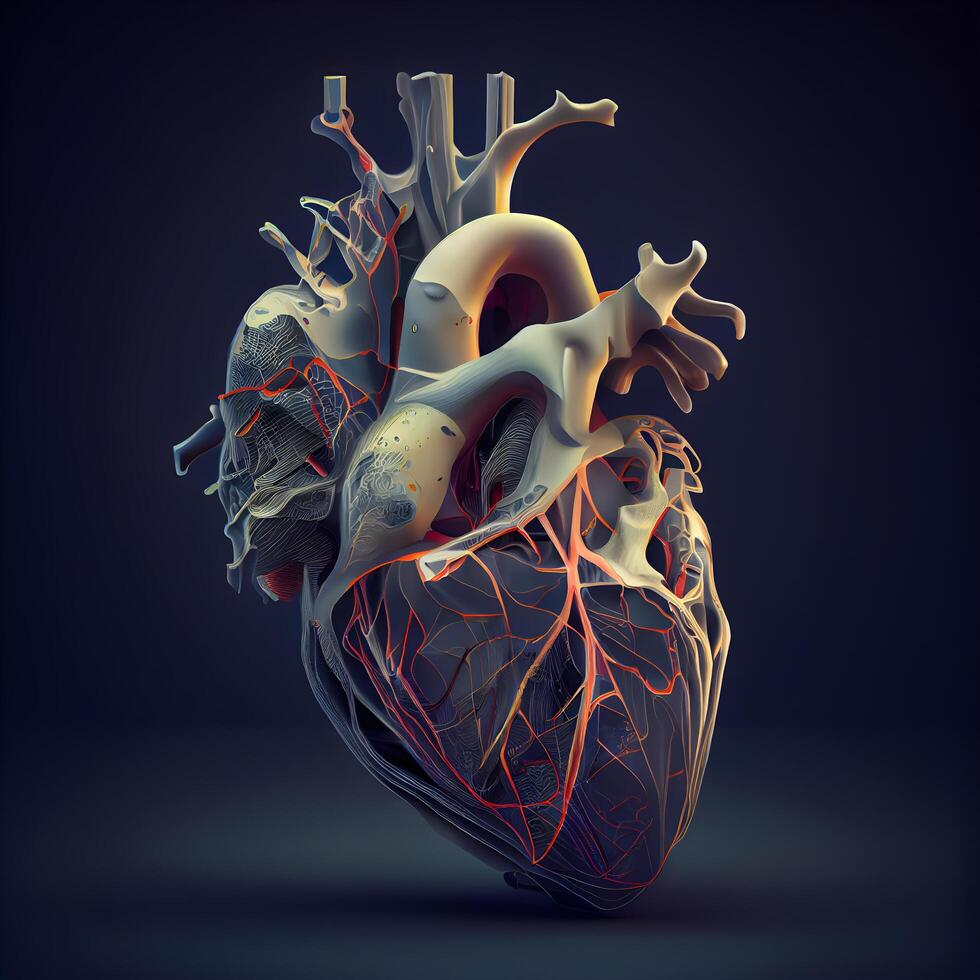 menselijk hart anatomie Aan een donker achtergrond. 3d weergave, 3d illustratie., ai generatief beeld foto