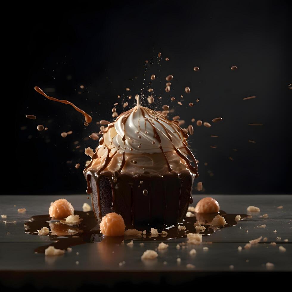 chocola taart met kers en chocola spatten Aan een donker achtergrond, ai generatief beeld foto