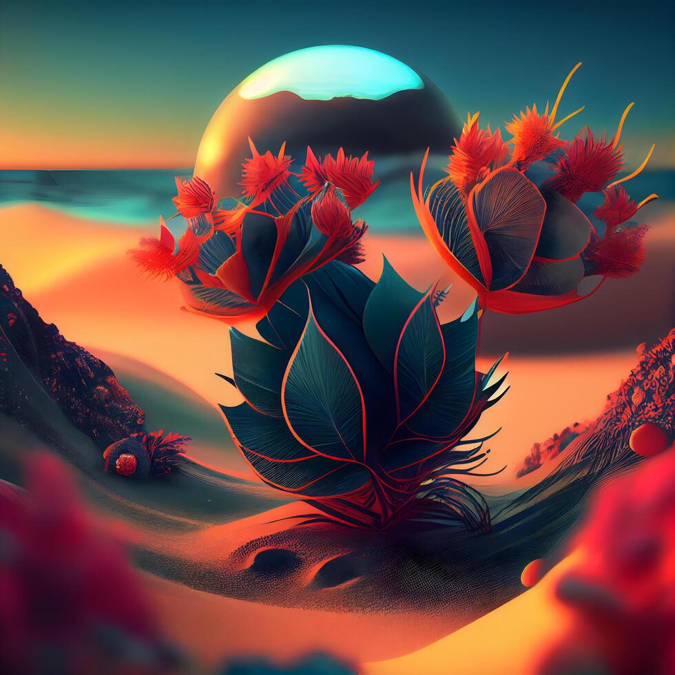 3d illustratie van een fantasie landschap met bloemen en een planeet., ai generatief beeld foto