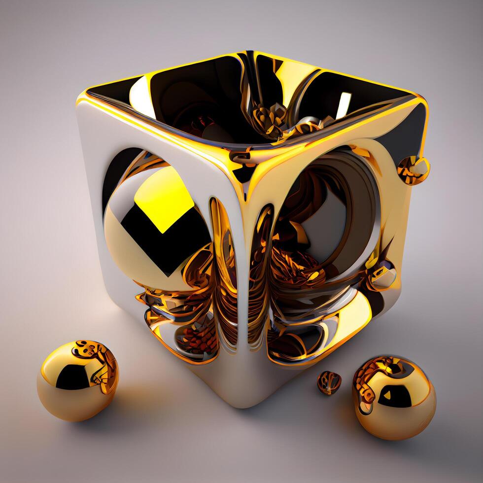 3d illustratie van abstract meetkundig kubus met goud en zwart ballen., ai generatief beeld foto