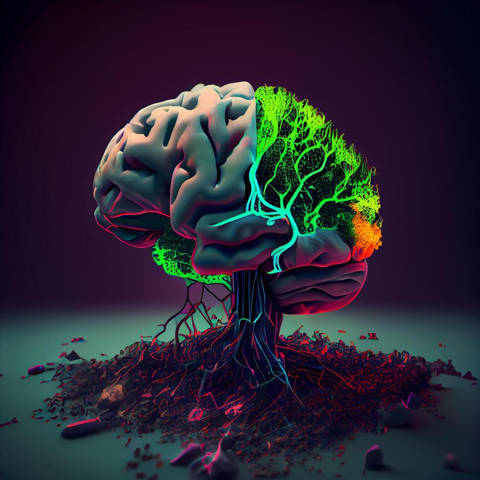 menselijk brein. 3d illustratie van menselijk hersenen net zo een concept van mentaal Gezondheid, ai generatief beeld foto