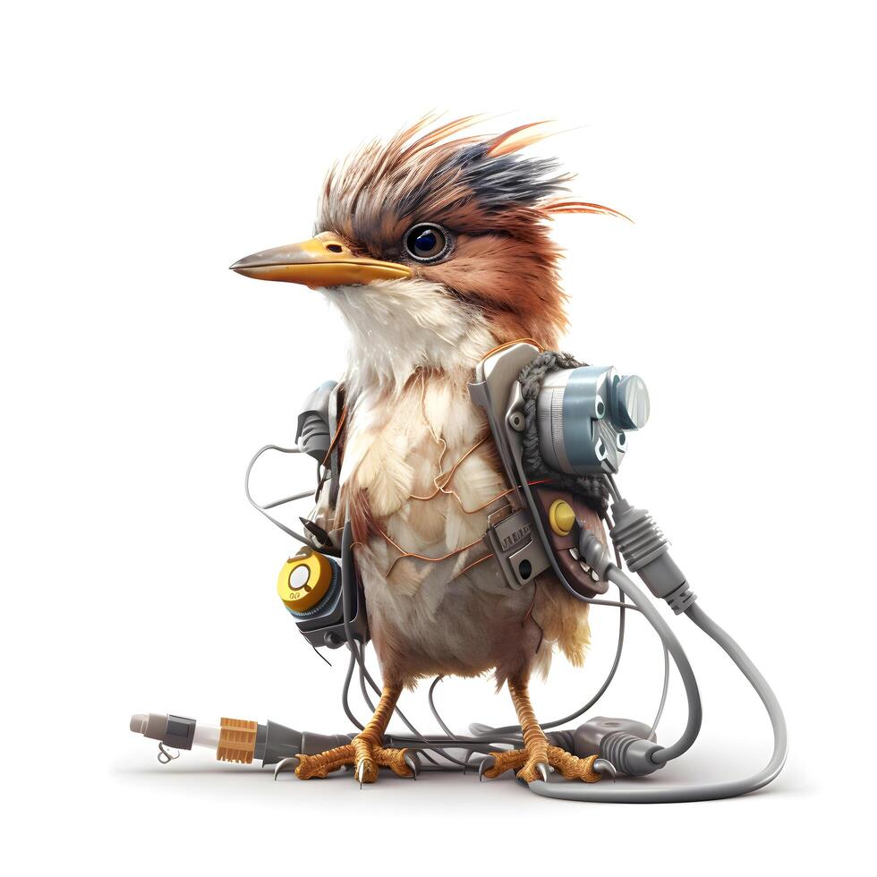 schattig tekenfilm vogel met hoofdtelefoons en kabels geïsoleerd Aan wit achtergrond., ai generatief beeld foto