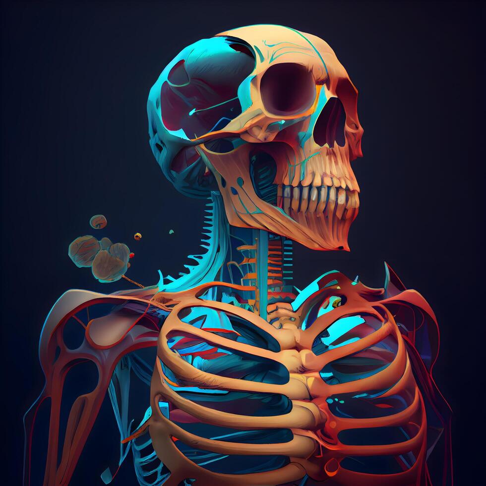 menselijk skelet anatomie, 3d illustratie, geïsoleerd Aan zwart achtergrond., ai generatief beeld foto