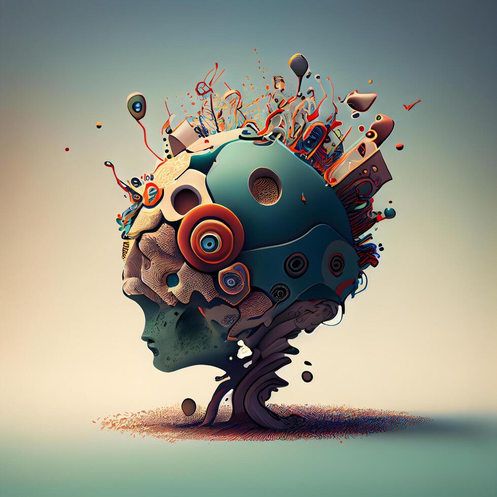 abstract menselijk hoofd met versnellingen en bloemen. kunstmatig intelligentie- concept. 3d renderen foto
