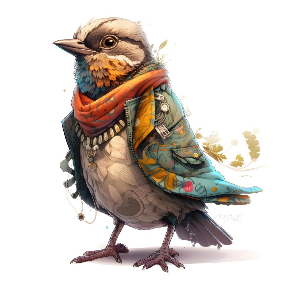 hand- getrokken illustratie van een Robin in een jasje en sjaal. foto