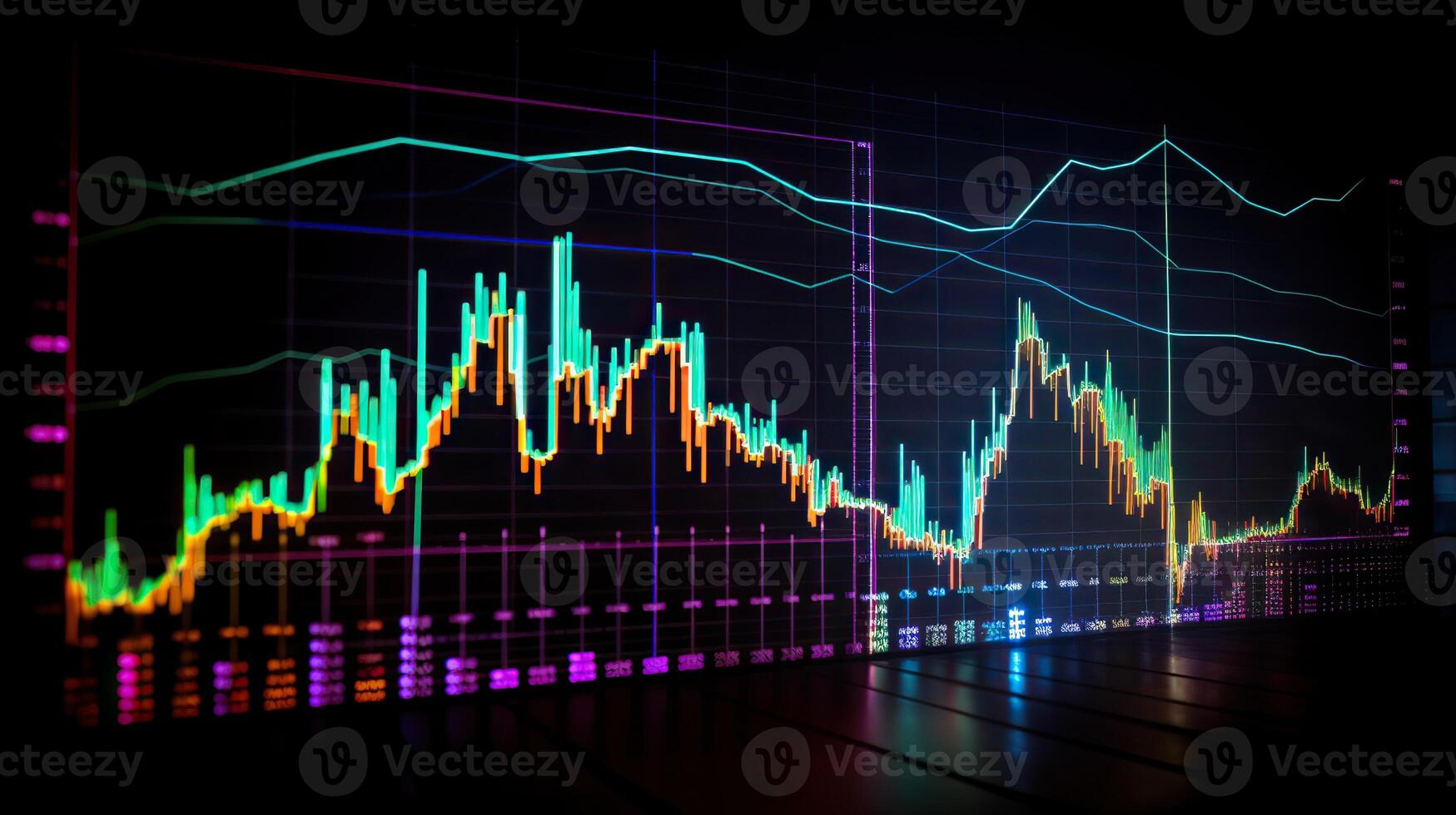 ai gegenereerd. ai generatief. financiën voorraad forex diagram afzet geld neiging volume inkomen Gaan omhoog en omlaag. kan worden gebruikt voor illustratie van analyse financiën verklaringen. grafisch kunst foto