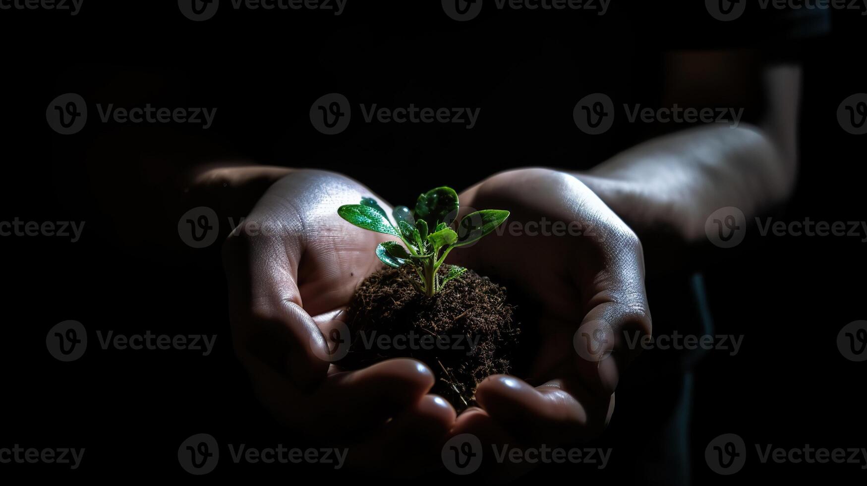 ai generatief. ai generatief. fotografie concept van Mens Holding aarde met een weinig groen gloeiend zaailing dat is ontspruiten. foto van nieuw leven begin inspiratie. grafisch kunst