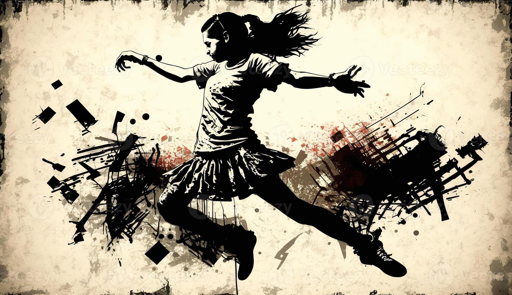 ai gegenereerd. ai generatief. straat kunst graffiti van dansen persoon muziek- ritme. geïnspireerd door banksy ondergronds cultuur. grafisch kunst foto