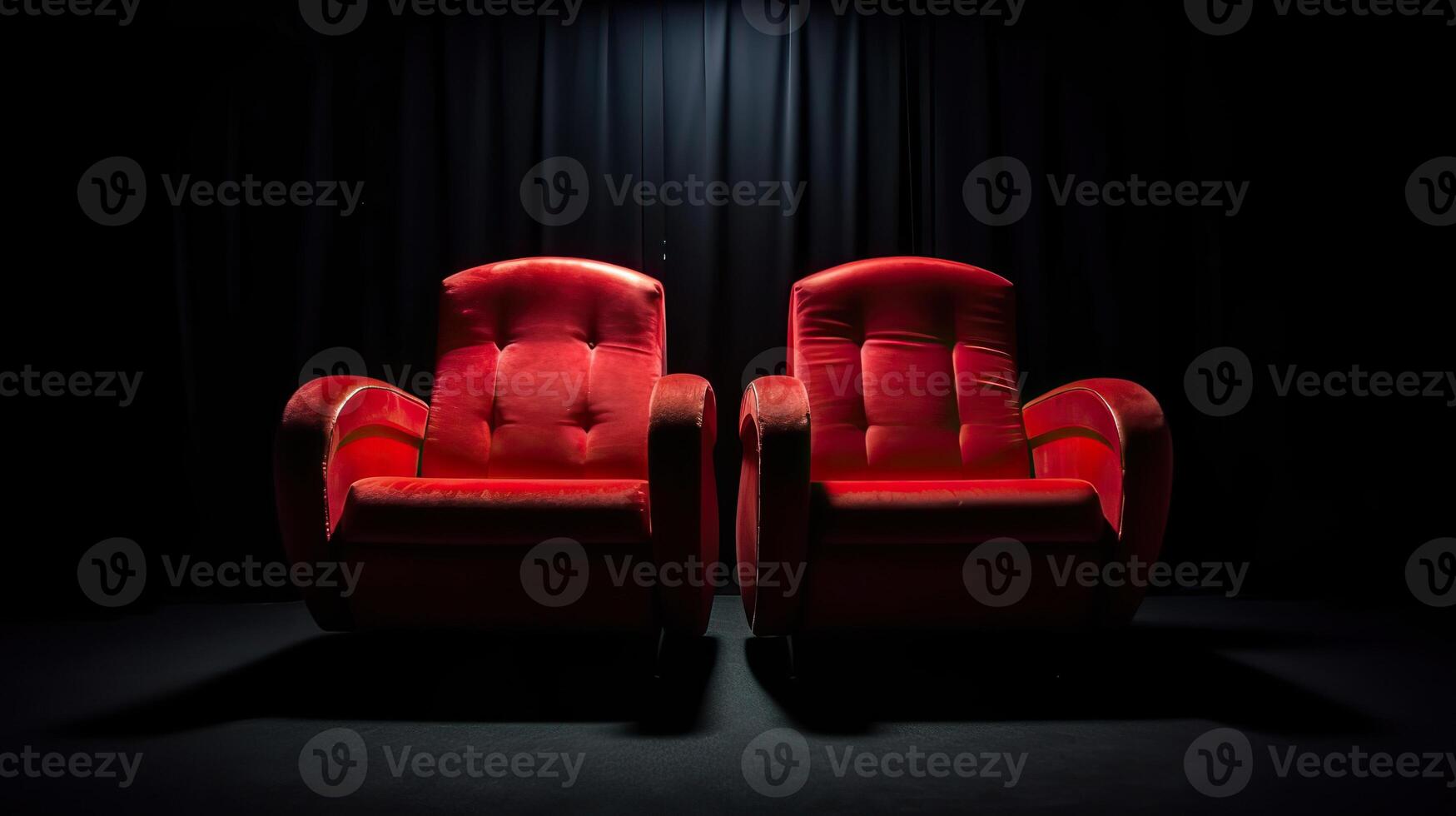 ai gegenereerd. ai generatief. romantisch liefde twee stoelen voor lief paar Bij privaat bioscoop film theater dichtbij omhoog fotografie. grafisch kunst foto