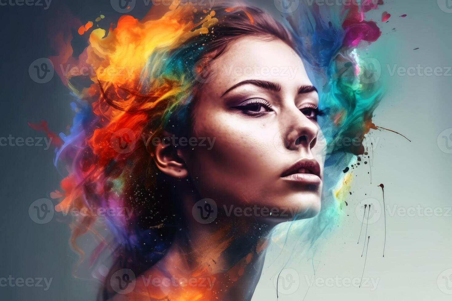 portret van een mooi vrouw met kleurrijk spatten gemaakt met generatief ai technologie. foto