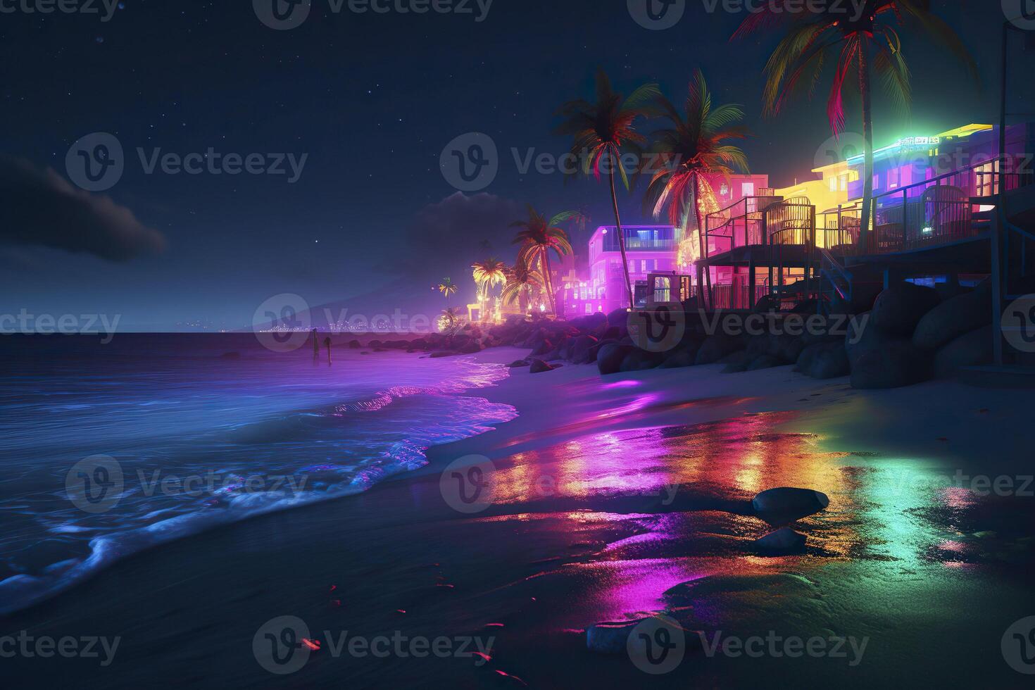 zee kust, tropisch eiland in neon kleuren. generatief ai. foto