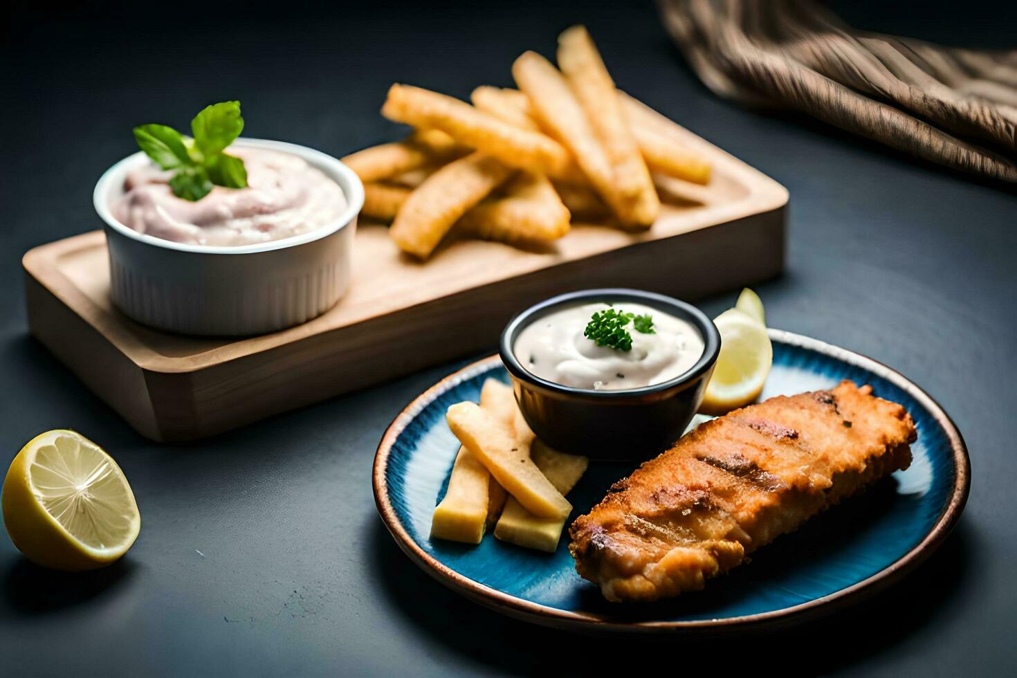 gebakken vis en chips met mayonaise en tandsteen saus ai genereren foto