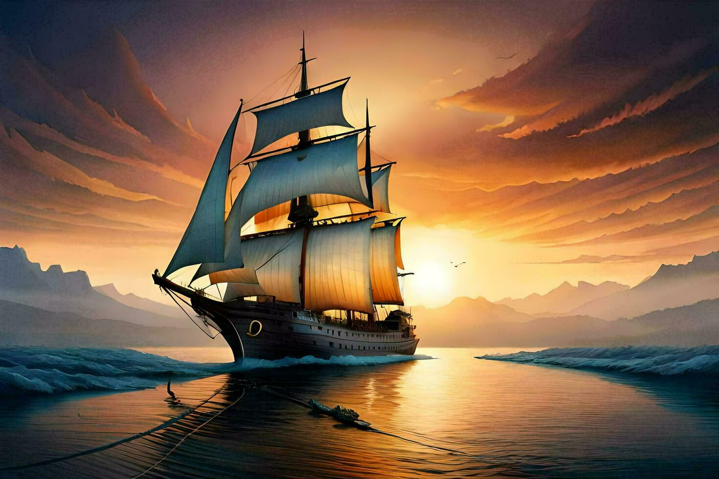 het zeilen schip in de zee Bij zonsondergang ai genereren foto