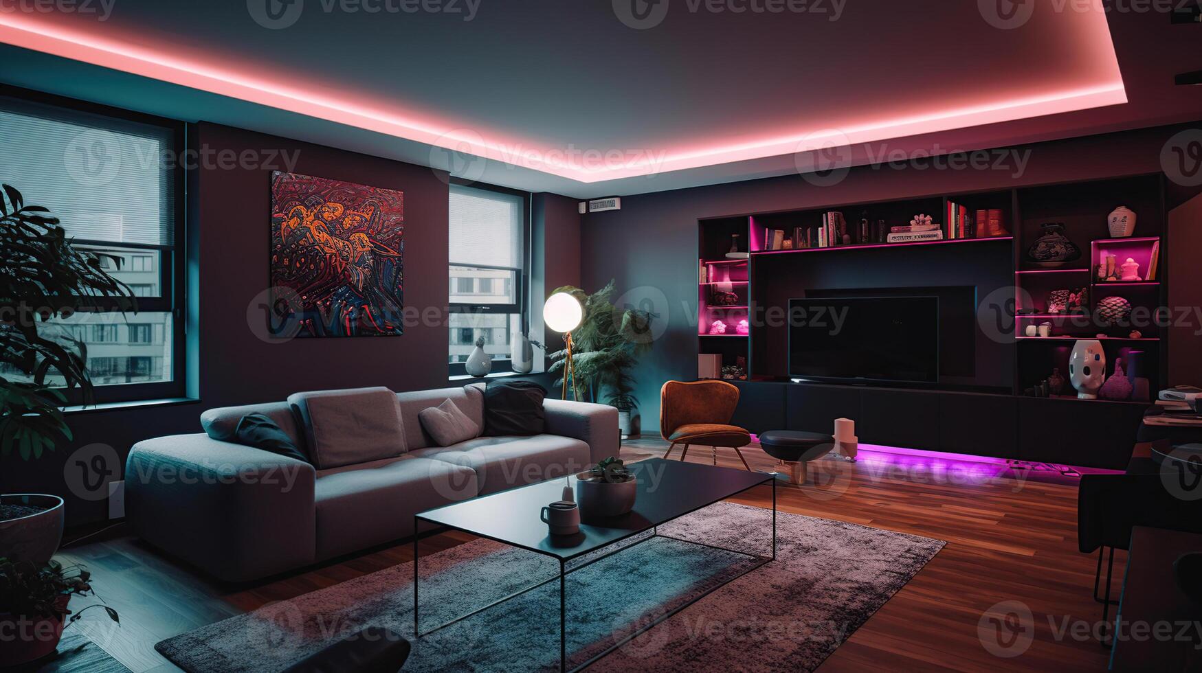 interieur van elegant leven kamer met neon verlichting, generatief ai foto