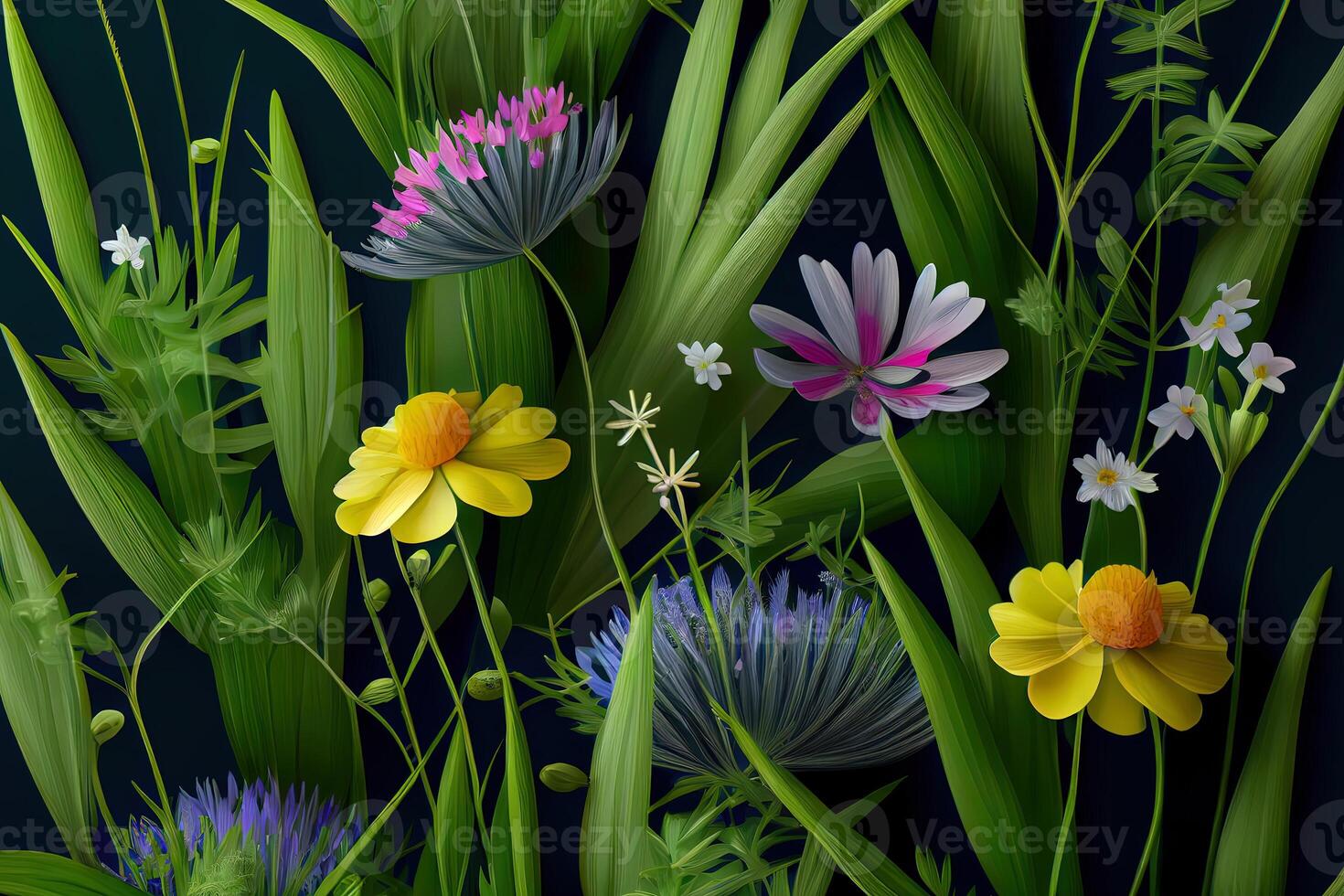 wild bloemen, voorjaar gras naadloos patroon 3d realistisch. generatief ai foto