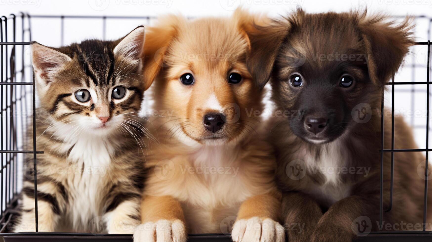 ai gegenereerd twee gemengd ras puppy's en gestreept katje zittend in kooi in onderdak huisdier adoptie concept generatief ai foto