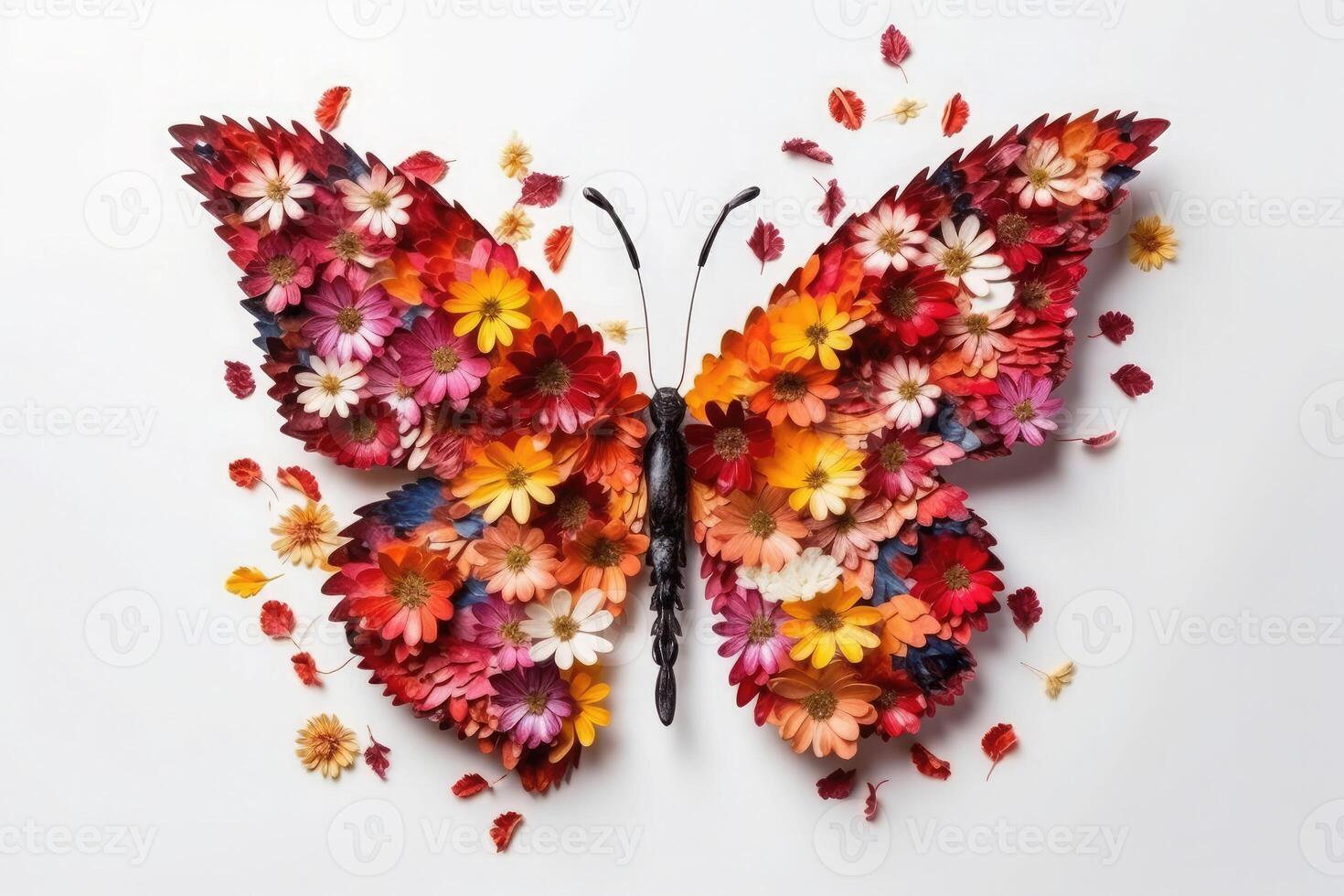 vlinder gemaakt van bloemen Aan wit achtergrond. minimaal voorjaar of natuur concept. generatief ai foto