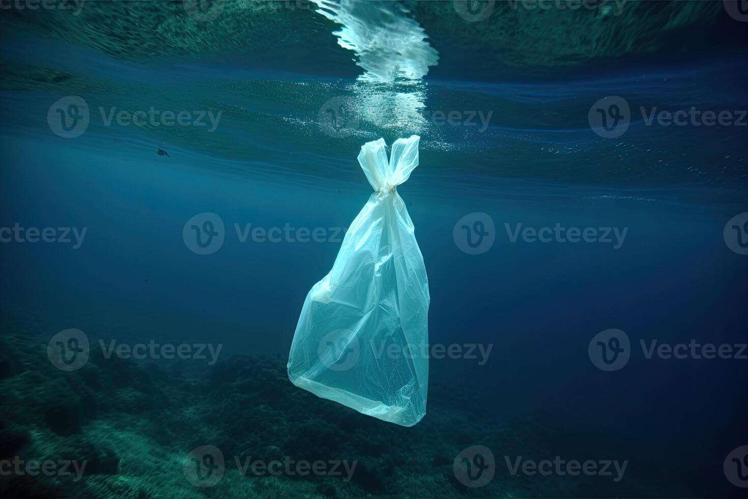 plastic verspilling onderwater, een plastic zak in de zee. verontreiniging concept. generatief ai foto