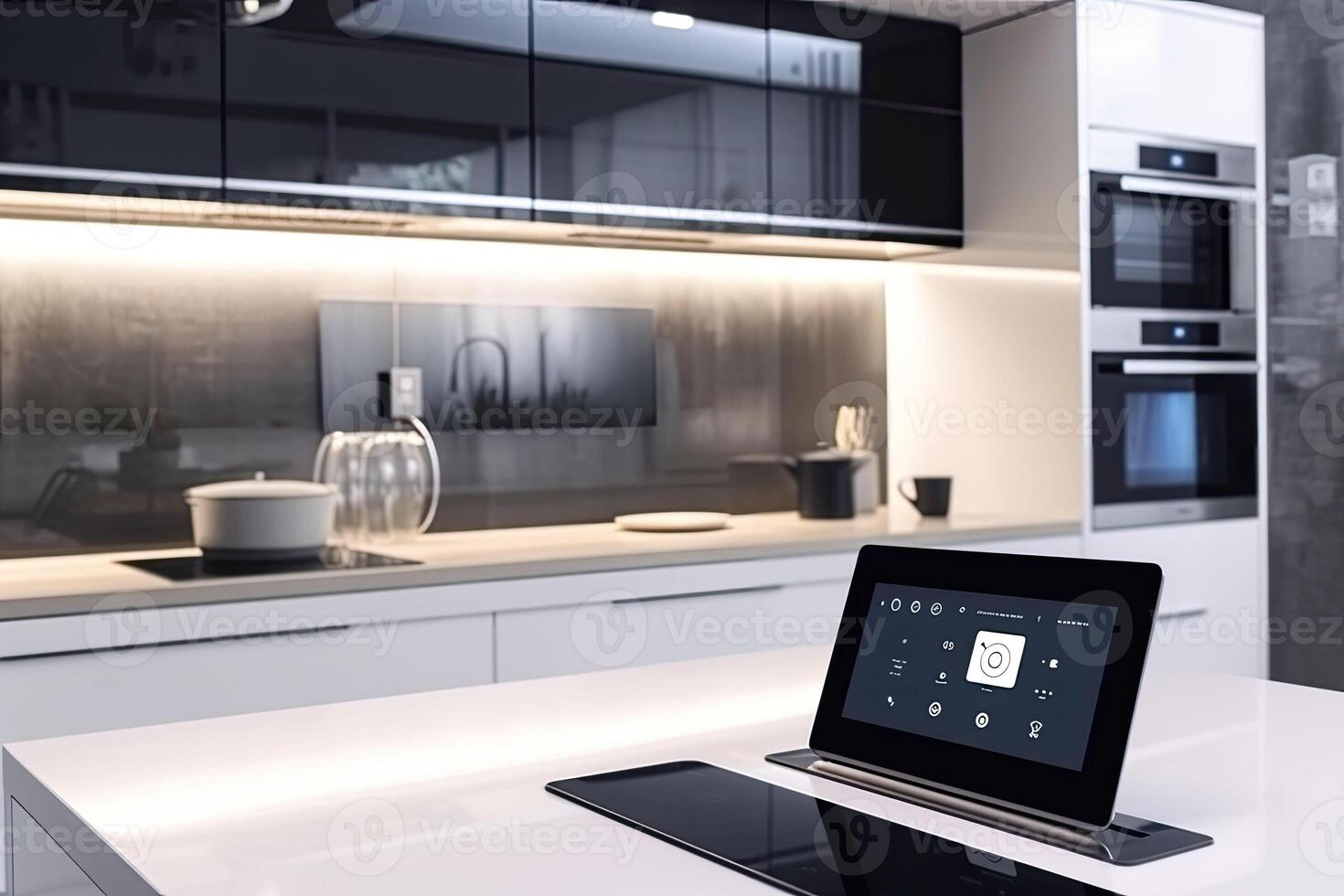 slim keuken in de modern huis. afgelegen huis controle systeem. generatief ai foto