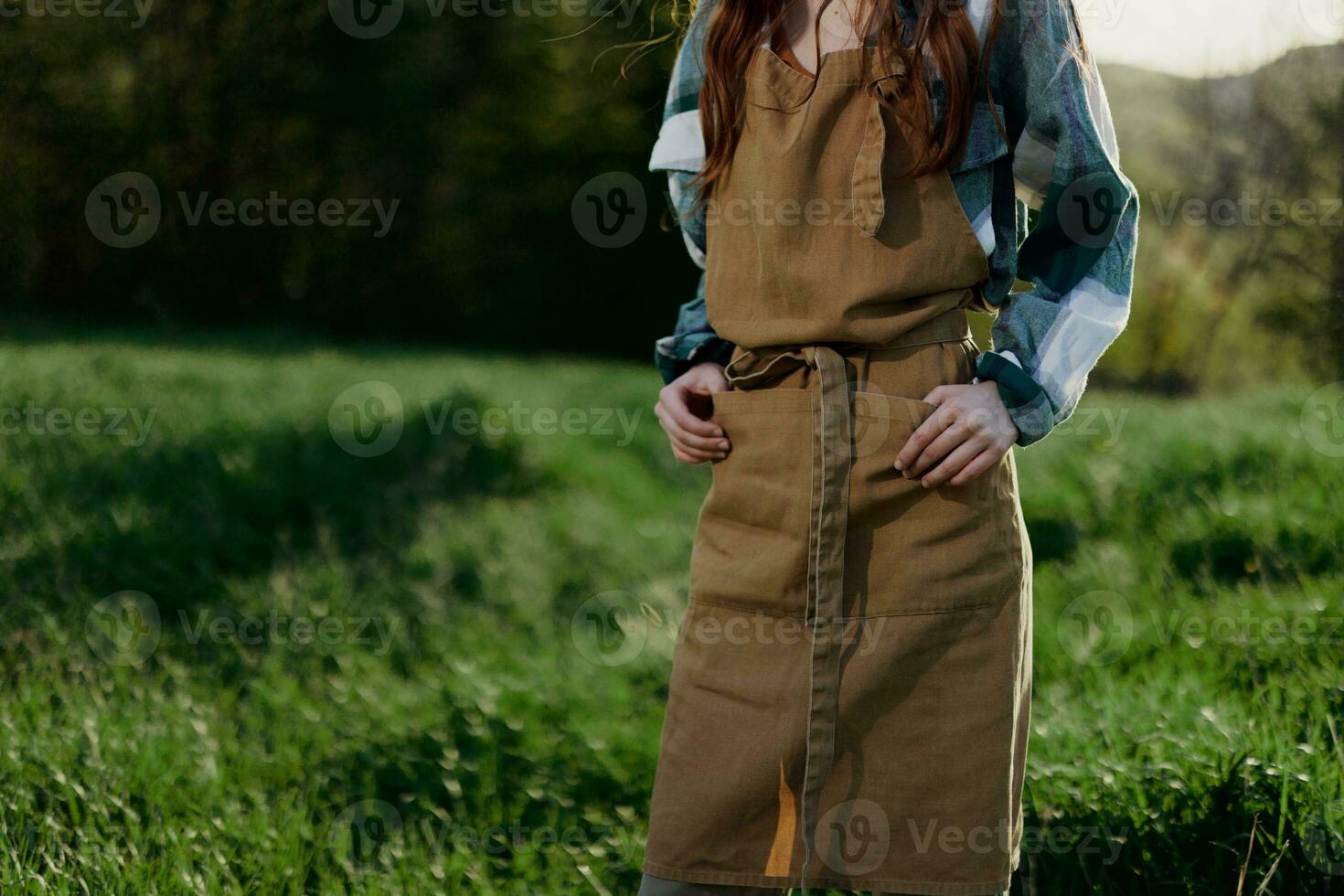 detailopname van een vrouw in een tuinman werk schort tegen de groente, vers zomer gras buitenshuis tonen haar handen foto