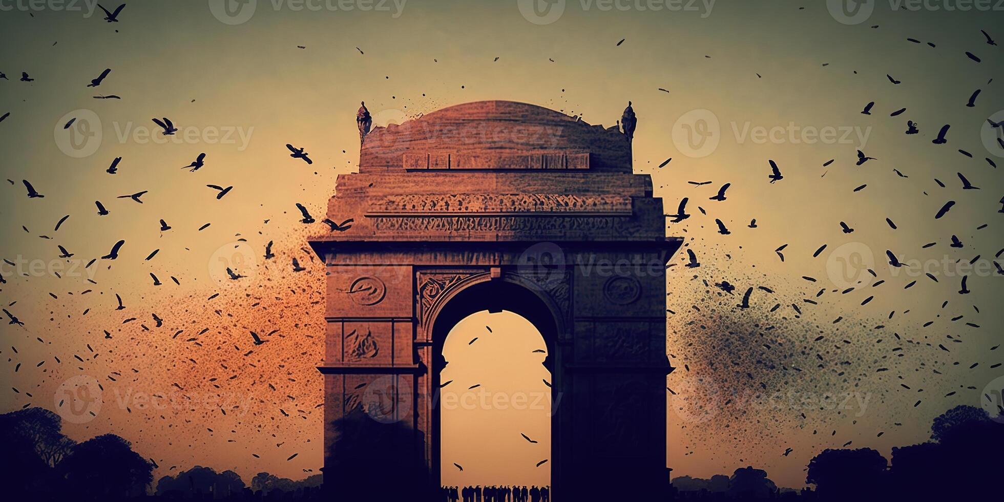 illustratie van Indië poort in nieuw Delhi Aan abstract vlag driekleur achtergrond. ai gegenereerd. foto