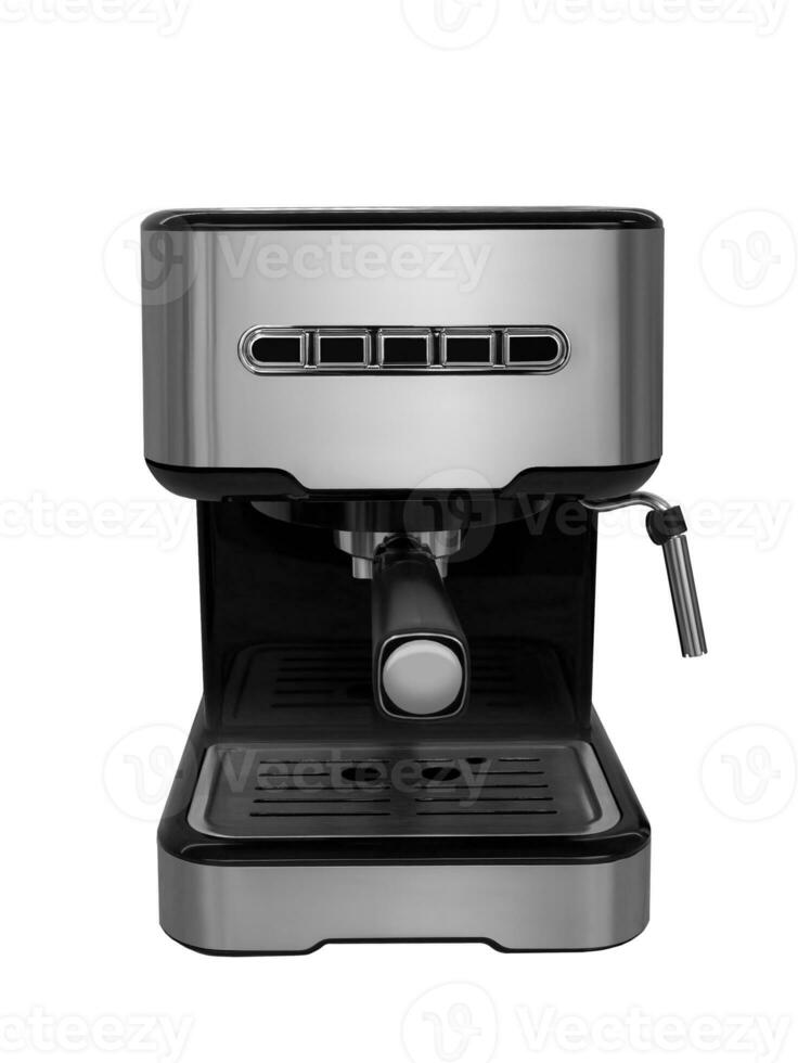 espresso machine, cappuccino machine, gemarkeerd Aan een wit achtergrond. automatisch roestvrij staal koffie maker. huishoudelijke apparaten. elektrisch koffie maker foto