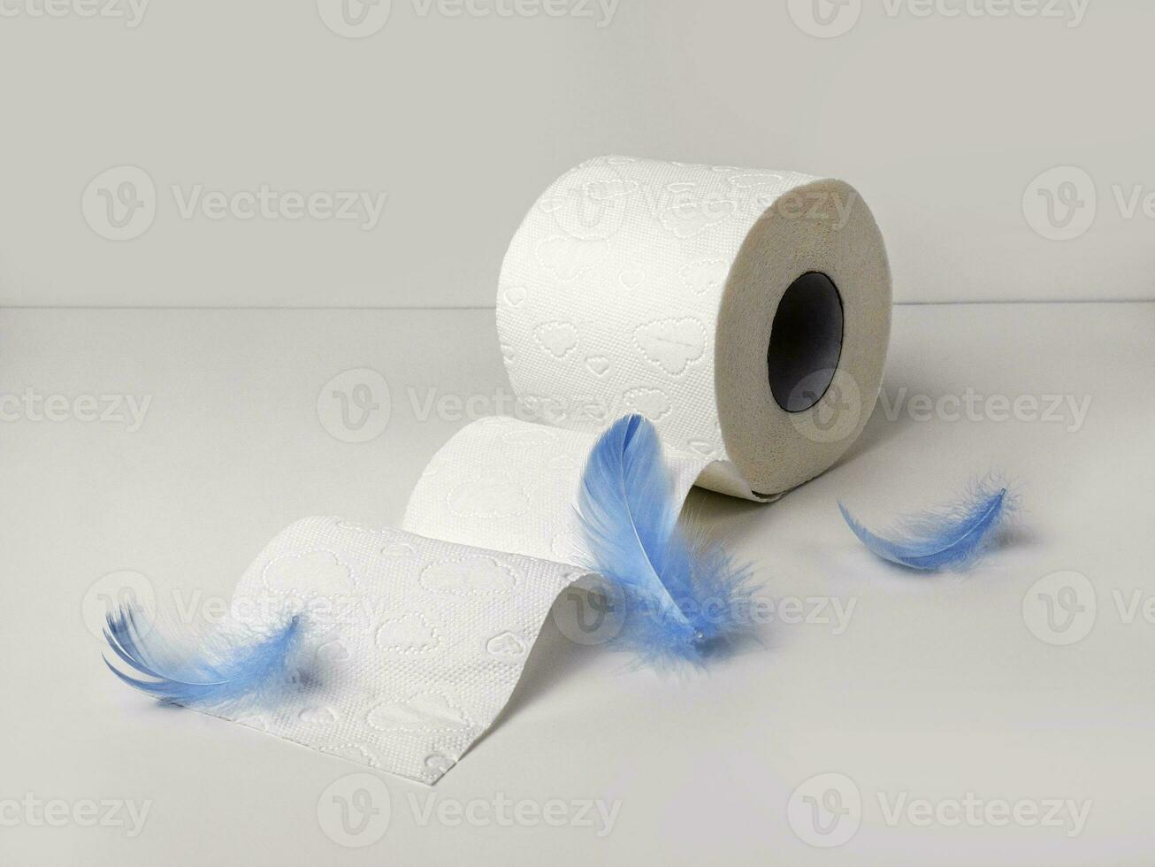 een rollen van zacht toilet papier Aan een licht achtergrond en delicaat blauw veren foto