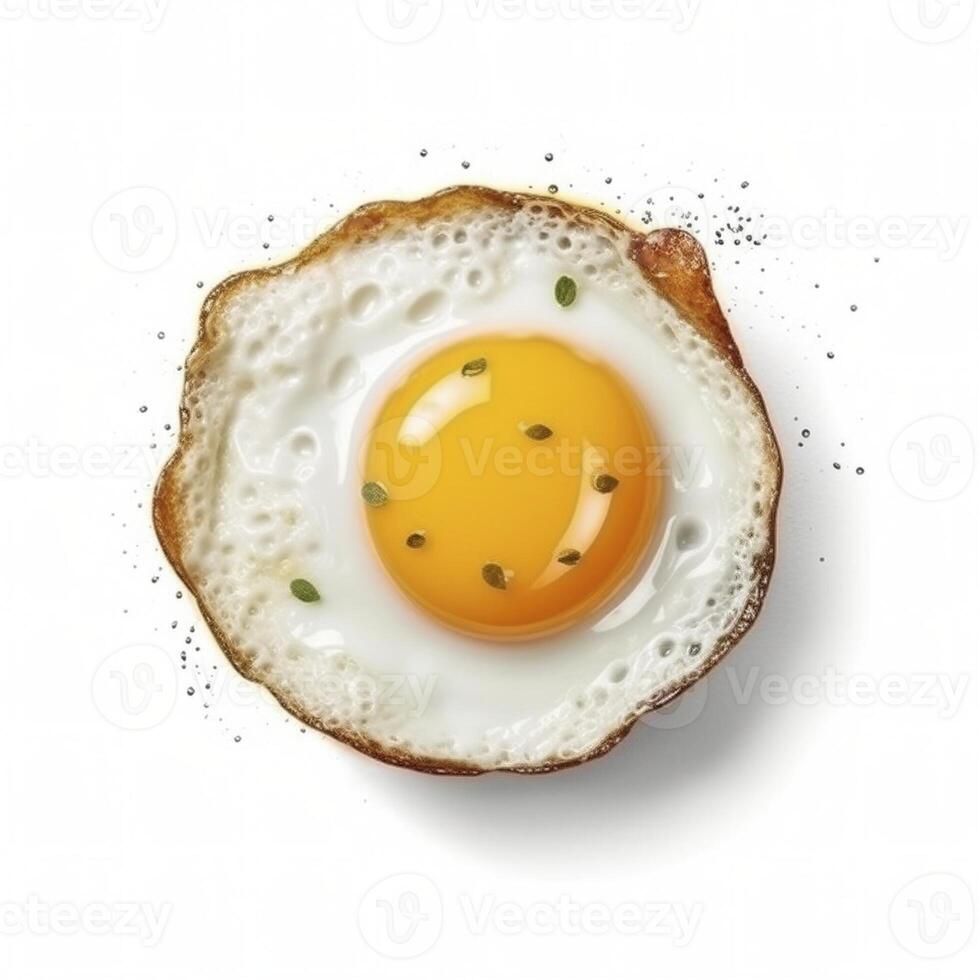 top visie Bij gebakken ei Aan wit achtergrond, gemaakt met generatief ai foto