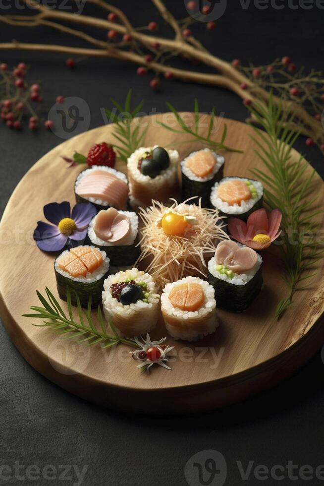 een versierd bord schotel van Japans sushi geregeld Aan houten bord, gemaakt met generatief ai foto