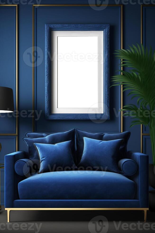 blanco afbeelding kader in blauw kleur kamer, gemaakt met generatief ai foto
