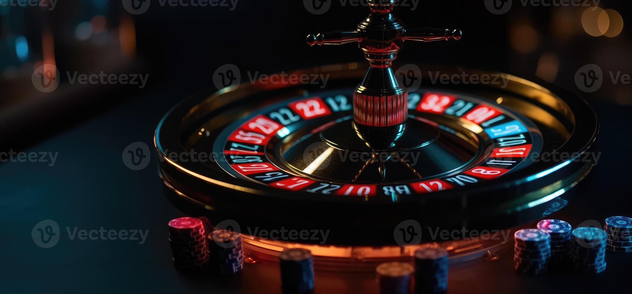 roulette wiel met blauw achtergrond en lichten, casino foto. generatief ai foto