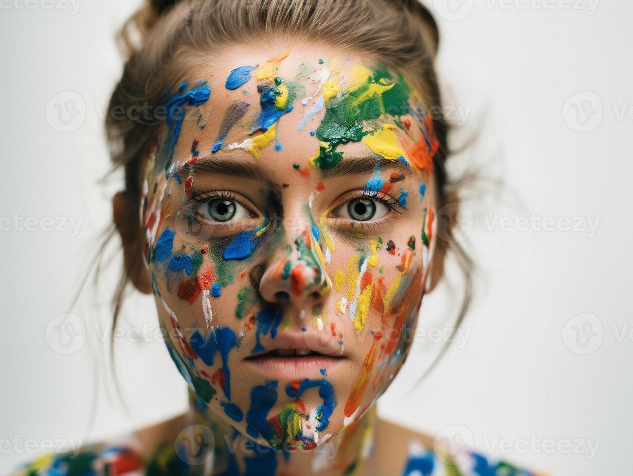 een vrouw met gezicht verf gemaakt met generatief ai technologie foto