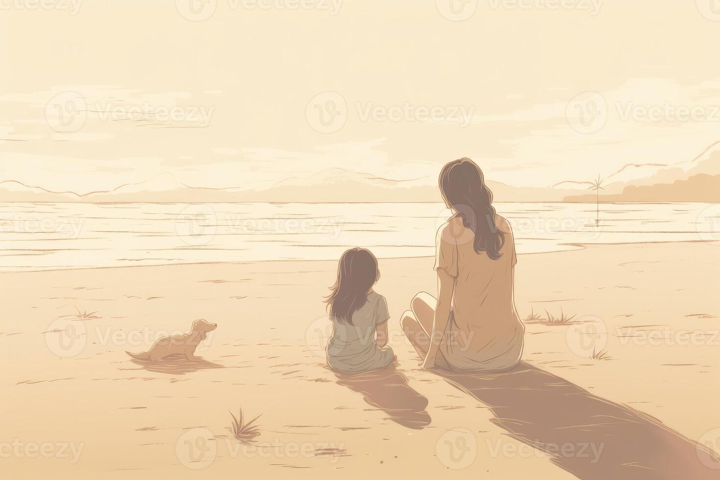 moeder dag illustratie met een minimalistische stijl dat vitrines een moeder en kind genieten van een vredig dag Bij de strand. zacht, gedempt tonen. generatief ai foto