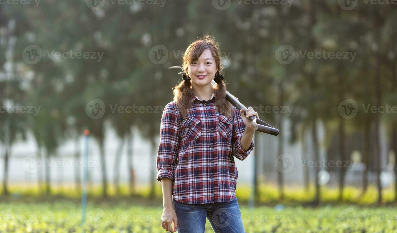 portret van Aziatisch vrouw boer is draag- tuin vork terwijl staand in haar platteland groenten boerderij gedurende voorjaar seizoen voor gezond eetpatroon voedsel concept. foto