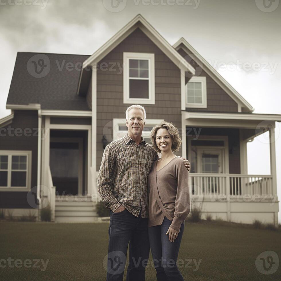 ai generatief portret van gelukkig volwassen paar staand in voorkant van hun nieuw huis foto