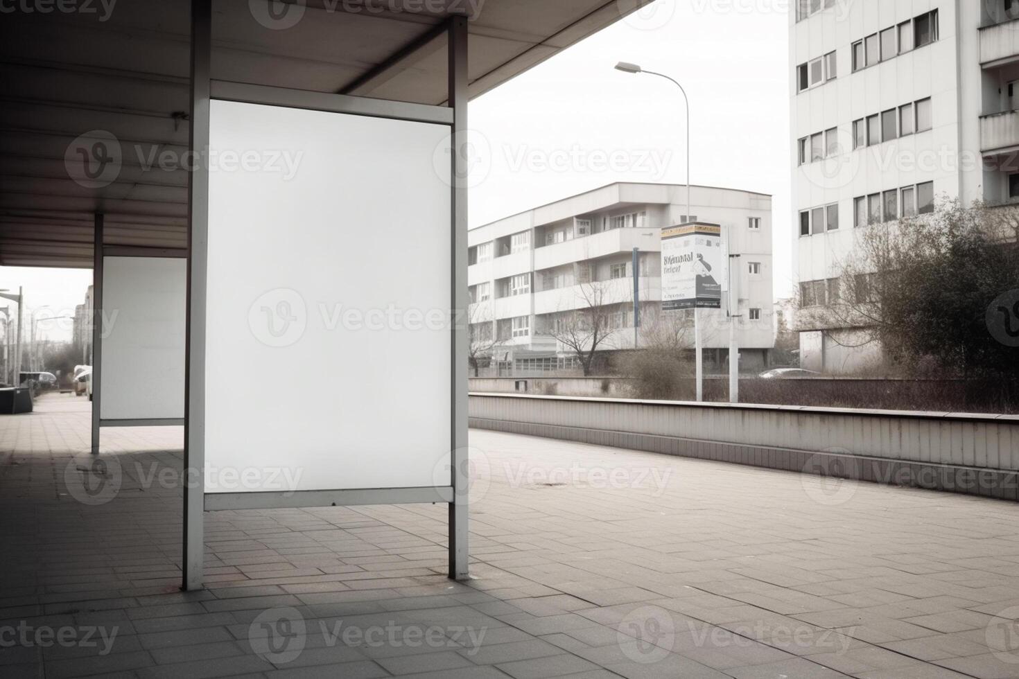 ai generatief een blanco wit aanplakbord mockup Aan een trottoir in een stad foto