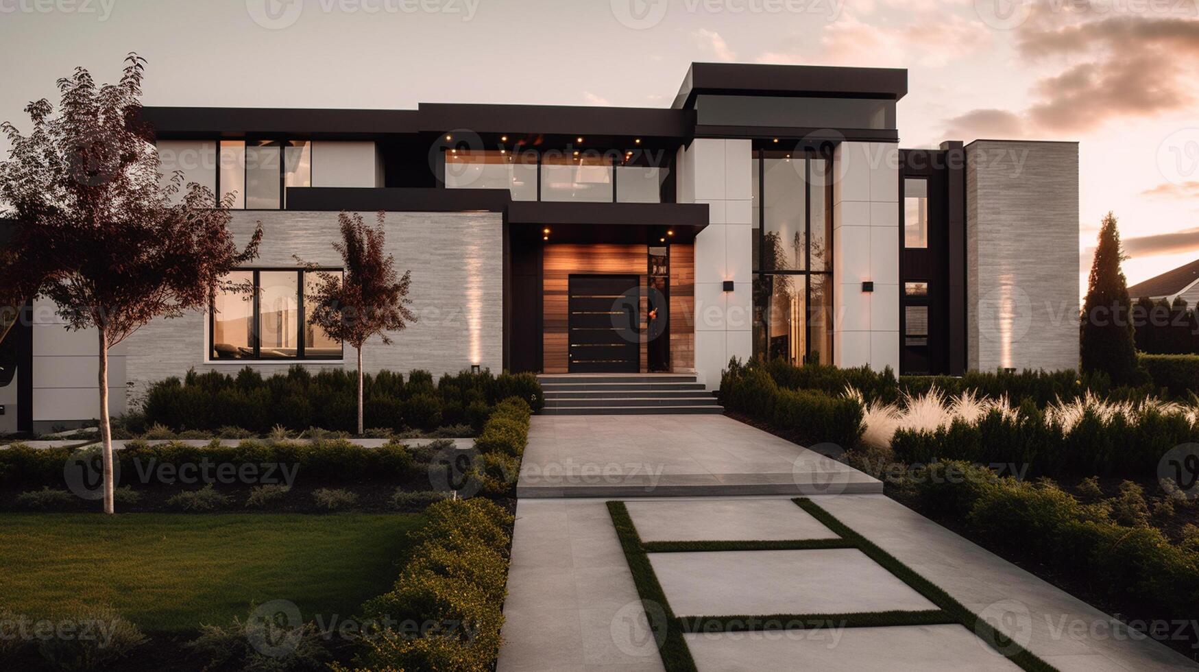 ai generatief buitenkant van modern luxe huis met tuin en mooi lucht foto