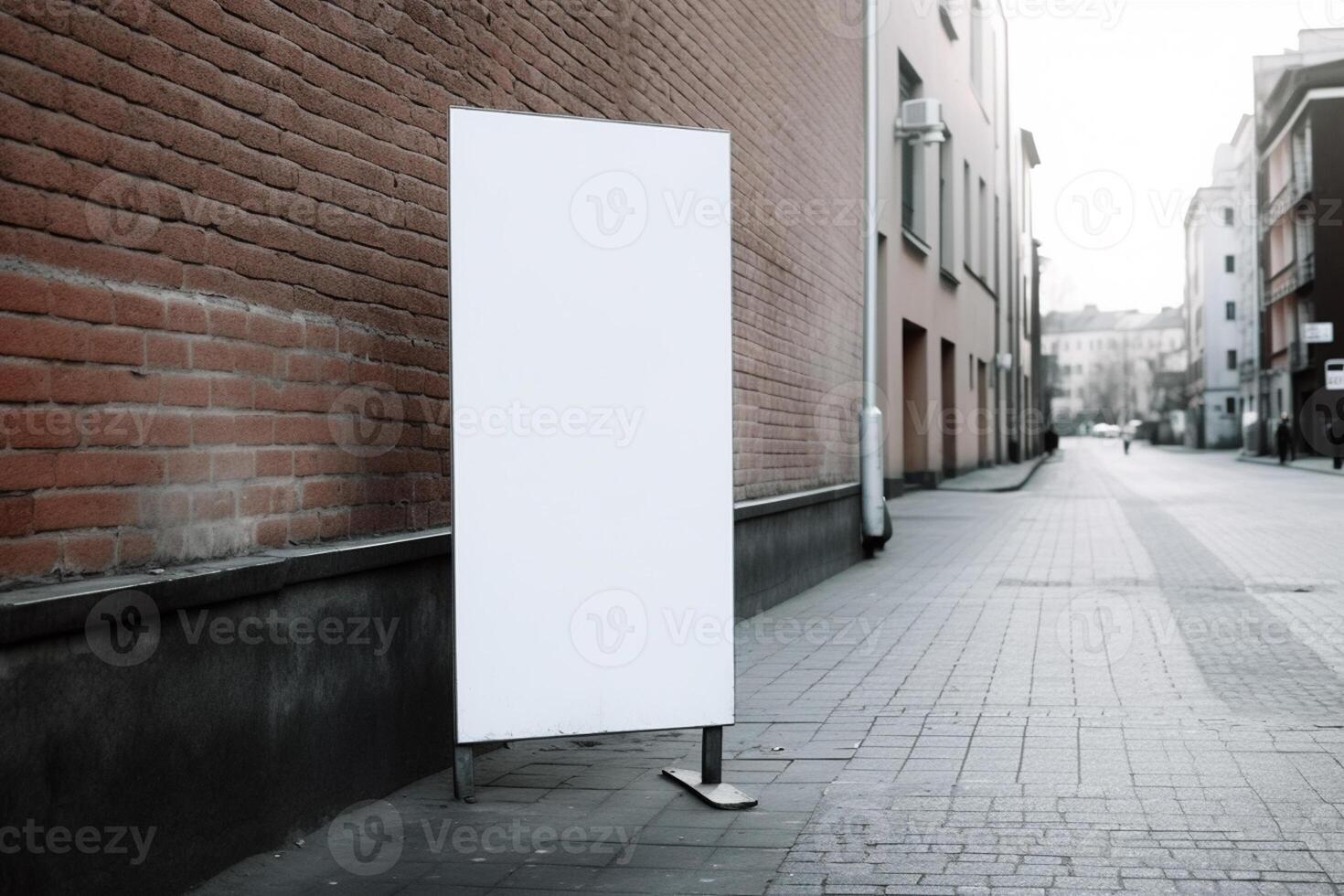 ai generatief een blanco wit aanplakbord mockup Aan een trottoir in een stad foto