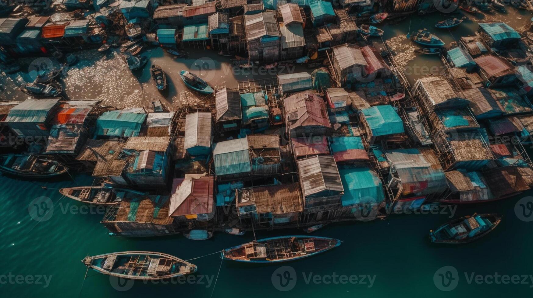 ai generatief antenne visie van zeehaven met klein visvangst boten foto