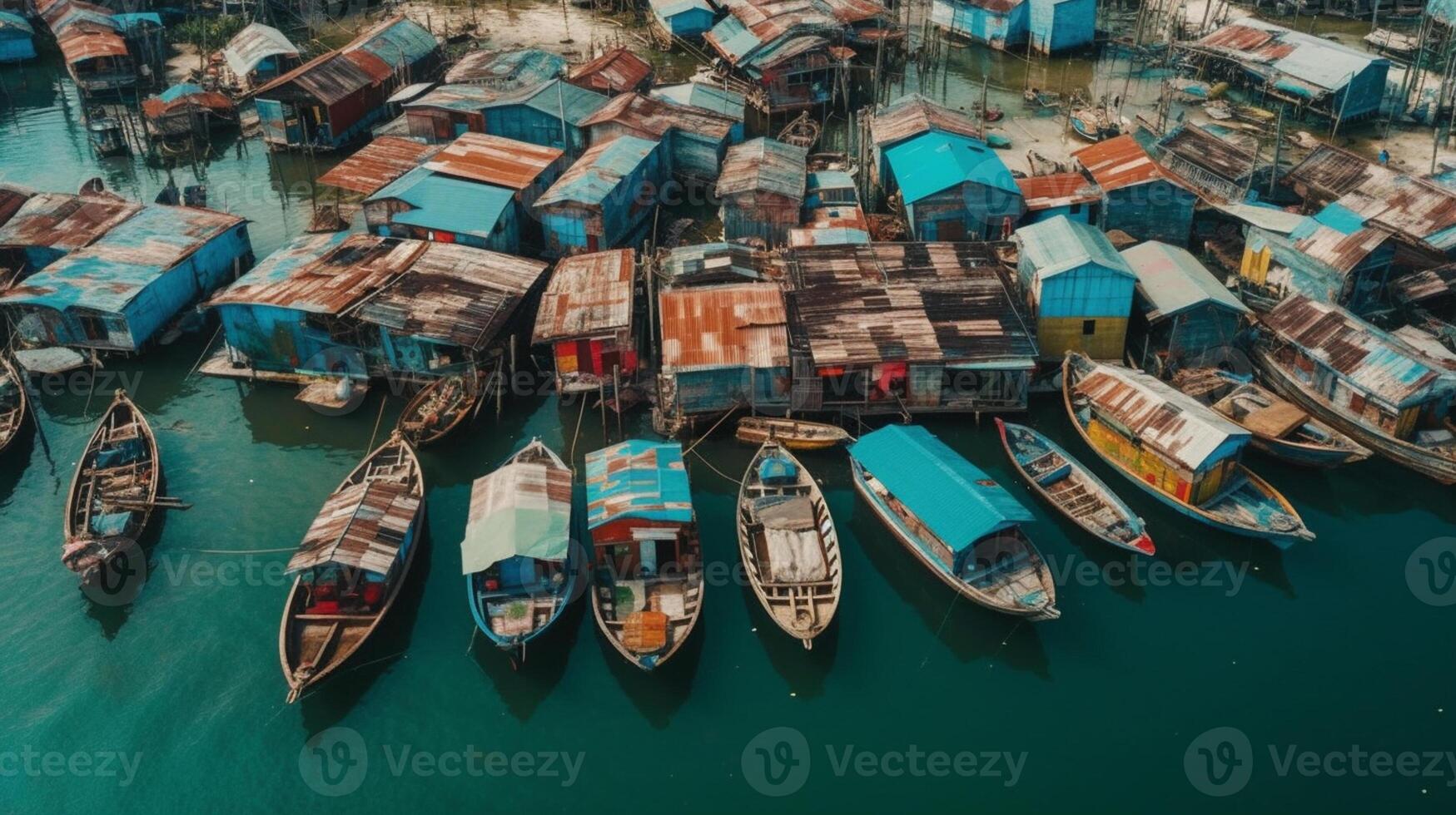 ai generatief antenne visie van zeehaven met klein visvangst boten foto