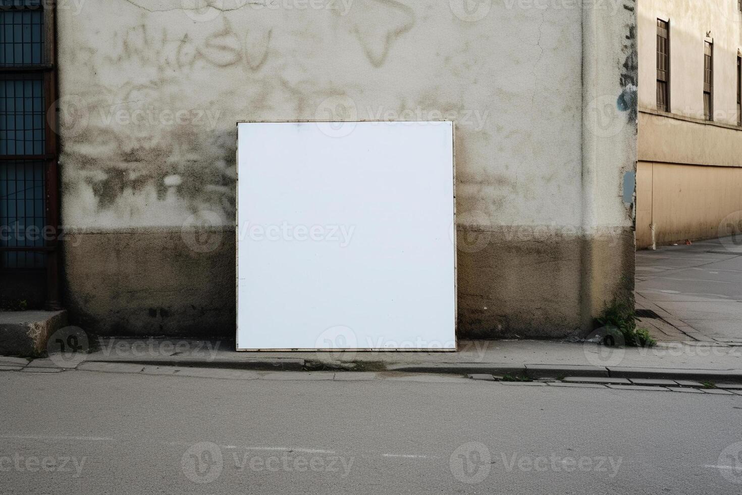 ai generatief een blanco wit aanplakbord mockup Aan een trottoir in een stad foto