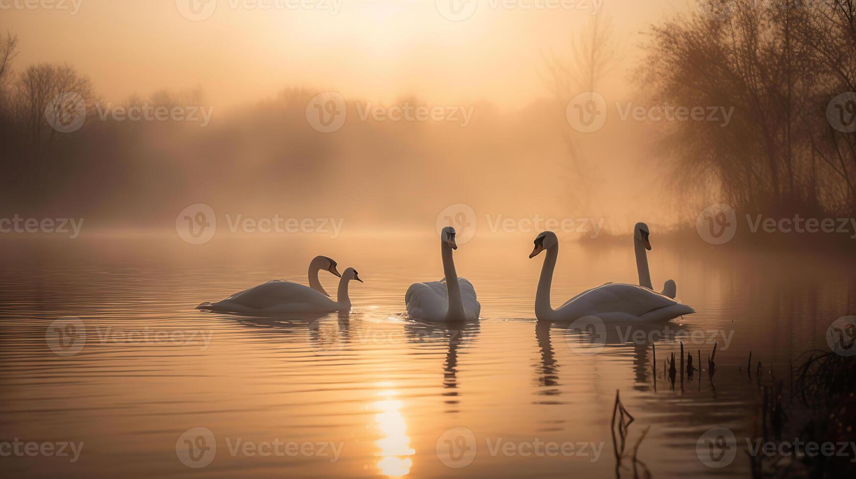 zwanen over- meer Bij zonsopkomst - kalmte en romantiek, generatief ai foto