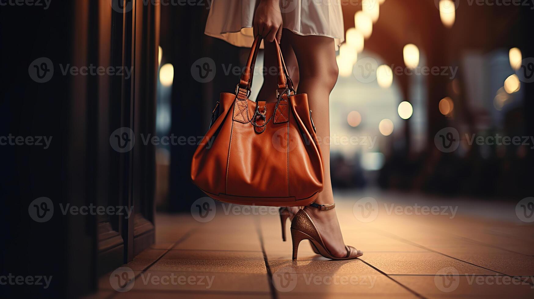 mooi vrouw poten in hoog hiel- met handtas. boodschappen doen en bedrijf, generatief ai foto