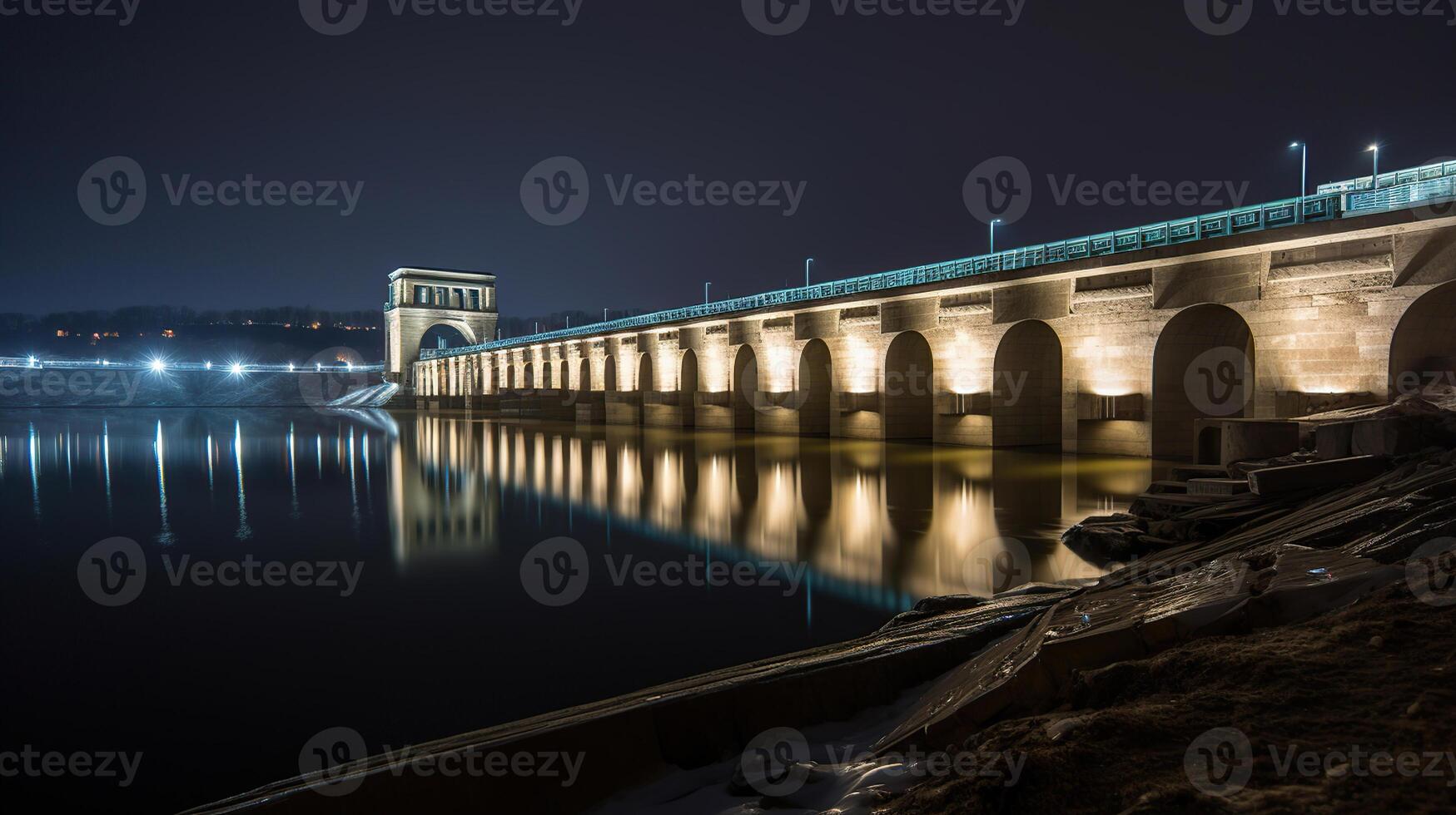 visie van de hydro-elektrisch macht fabriek Aan de rivier, schemering, lang blootstelling, generatief ai foto