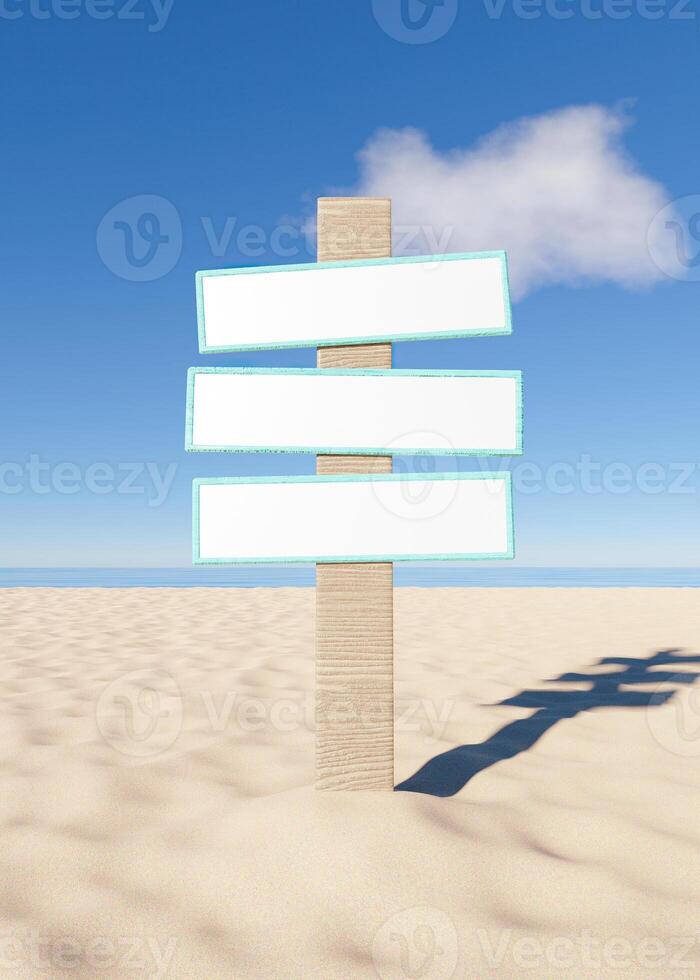 mockup van houten bord op het zand van het strand, 3d render foto