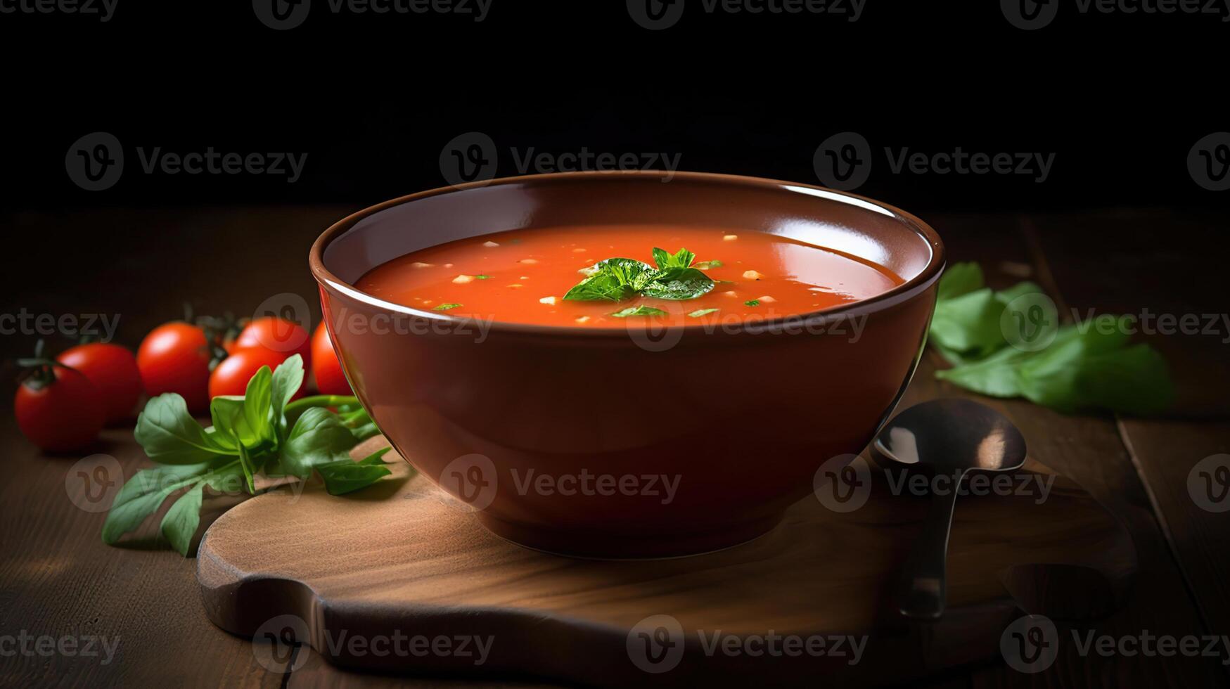 kom met smakelijk gazpacho Aan houten achtergrond, generatief ai foto