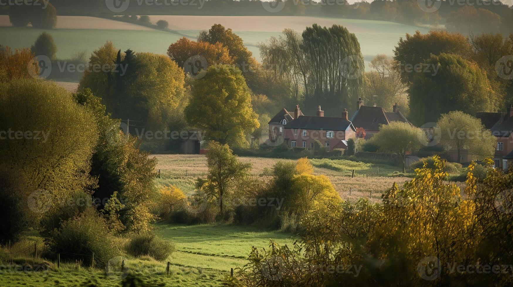 een typisch visie van landelijk behuizing omringd door platteland in vroeg herfst, generatief ai foto