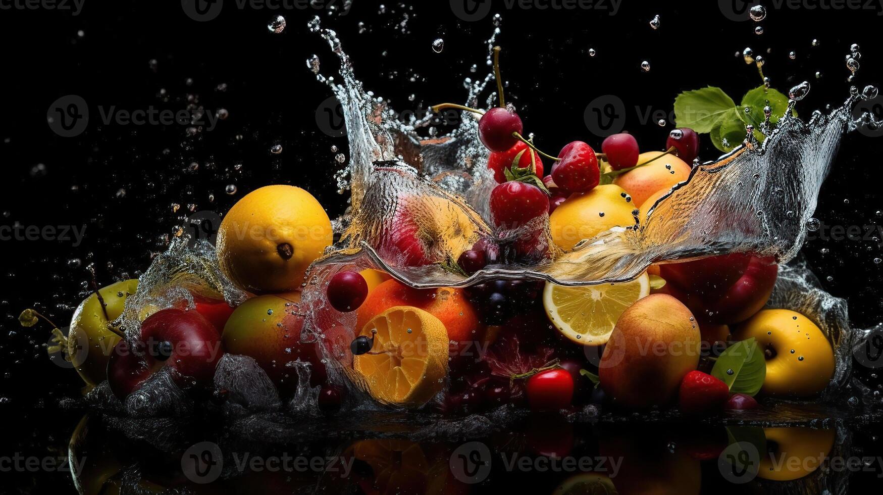 spatten fruit Aan water. vers fruit en groenten wezen schot net zo ze ondergedompeld onder water. illustratie van het wassen voedsel voordat wezen werkwijze verder in een gezond en natuurlijk voedsel, generatief ai foto