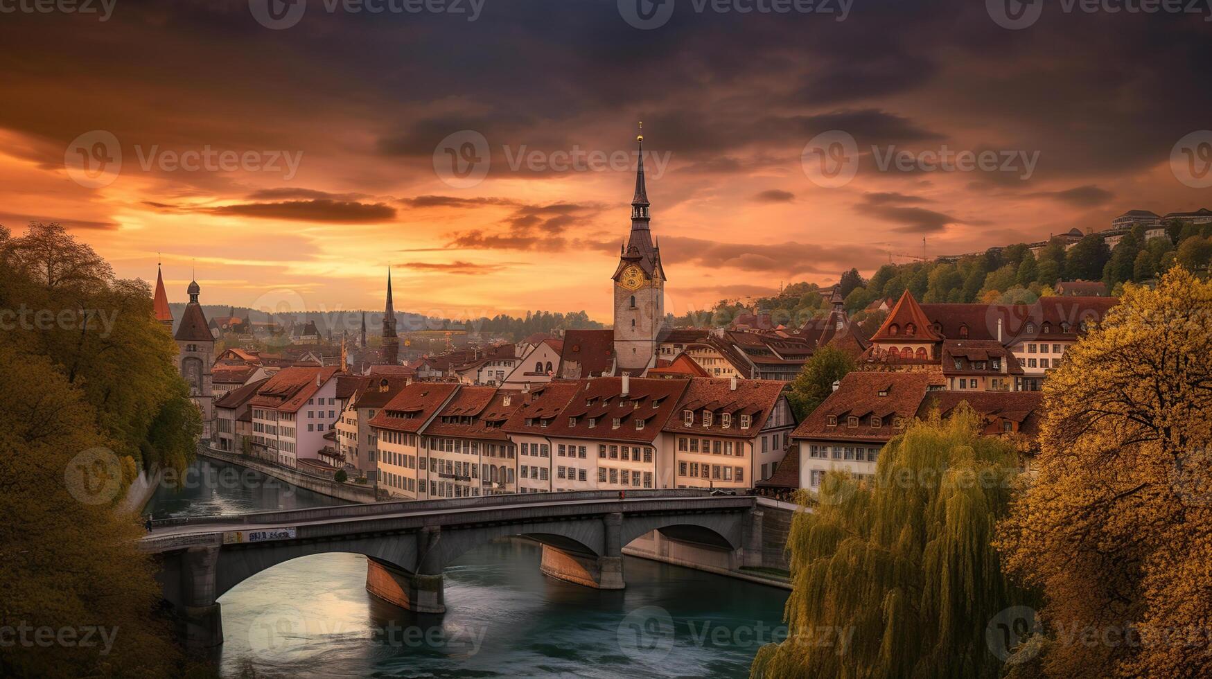 ongelooflijk levendig stadsgezicht. toneel- visie historisch oud stad- van Bern stad met kleurrijk lucht, visie Aan brug over- aare rivier- en kerk toren gedurende dramatisch zonsondergang. bern. Zwitserland. generatief ai foto