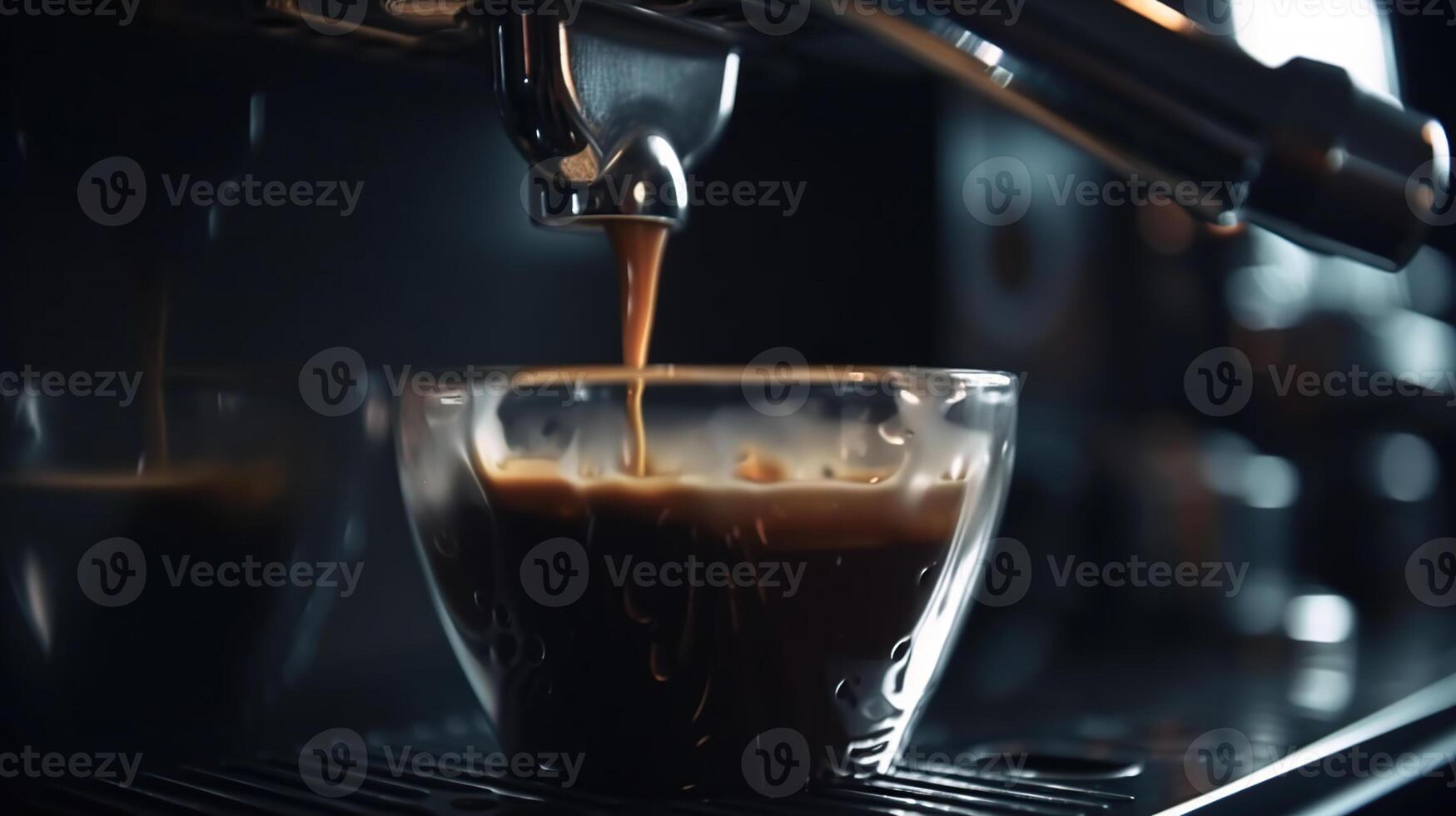 detailopname van espresso gieten van koffie machine. professioneel koffie brouwen, generatief ai foto